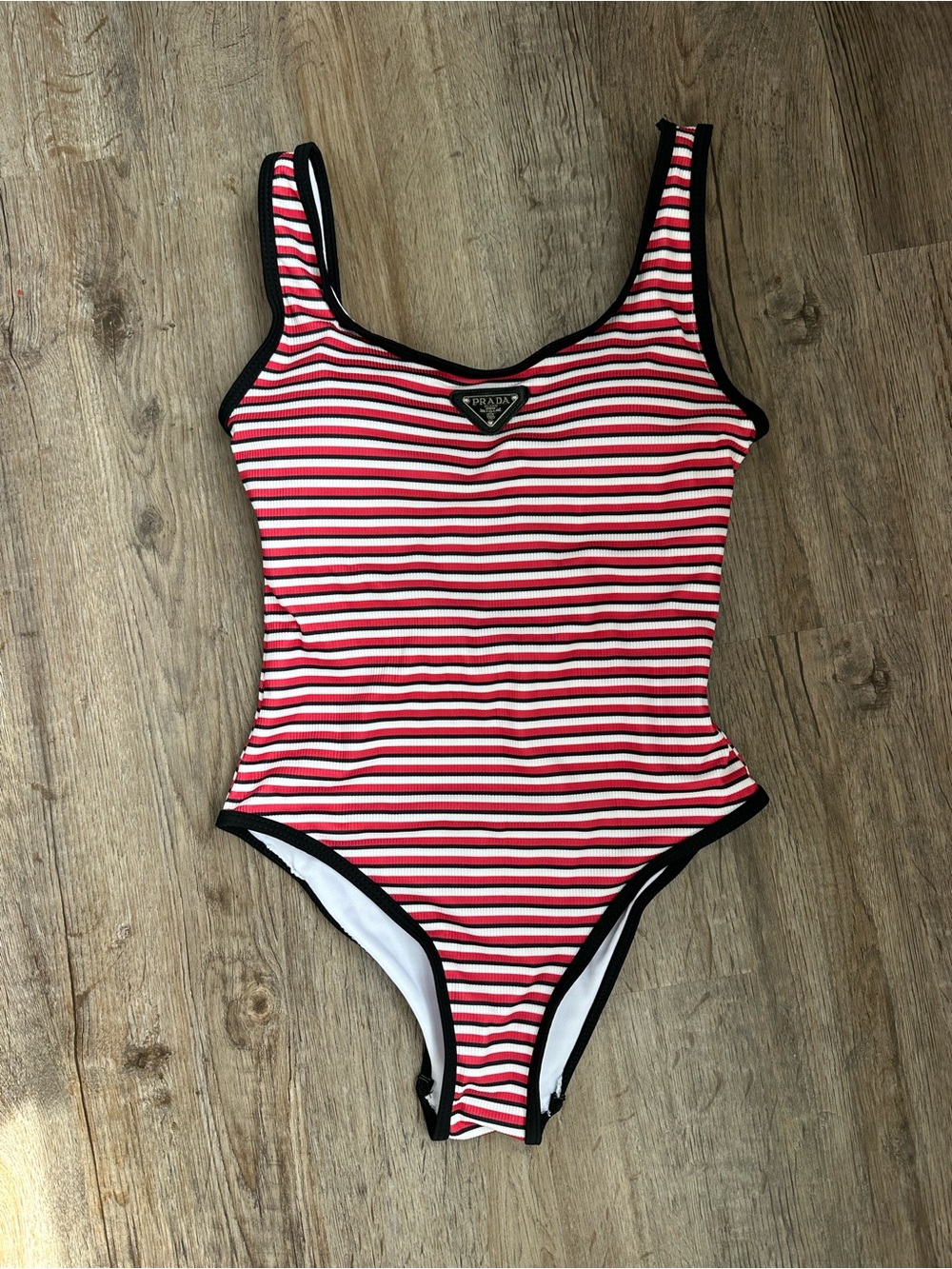 Prada Red, White & Black Striped One-Piece Swimsuit